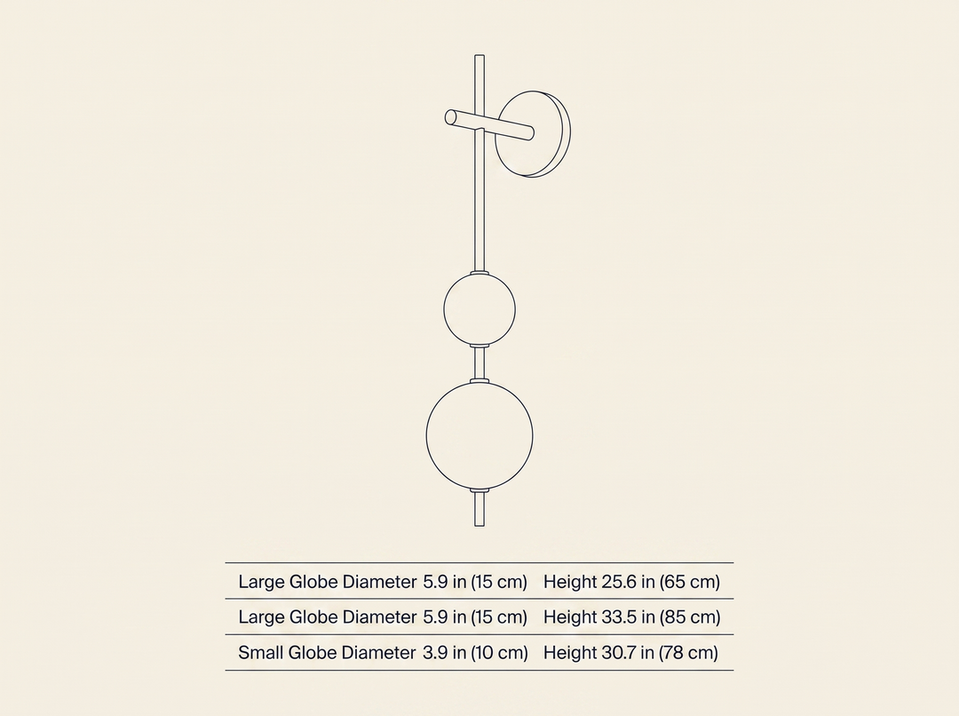 Vertical Globe Wall Lamp dimension drawing showing diameter and height for all three configurations