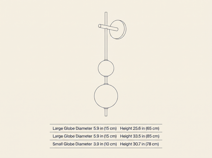 Vertical Globe Wall Lamp dimension drawing showing diameter and height for all three configurations